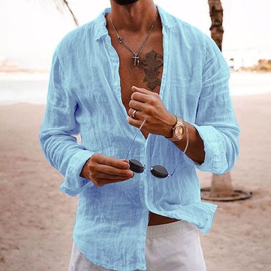 Chemises Pour Hommes LITB | Homme Chemise Lin Chemise Decontractee Chemisette Chemise D Ete Chemise De Plage Manche Longue Plein Revers Printemps Ete Hawaien Vacances Vetement Tenue Basique