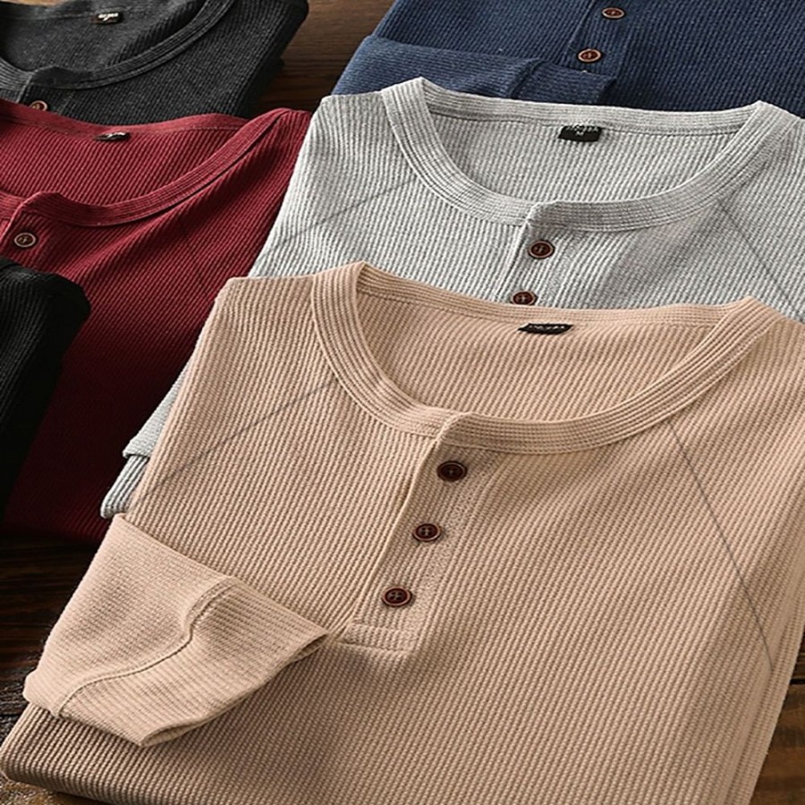 T-Shirts Et Debardeurs Pour Hommes LITB | Homme Chemise Henley Gaufree Chemise Henley Shirt Tee Couleur Unie Henley Des Sports Habits De Travail Manches Longues Bouton Bas Vetement Tenue Mode Vetement De Rue Casual