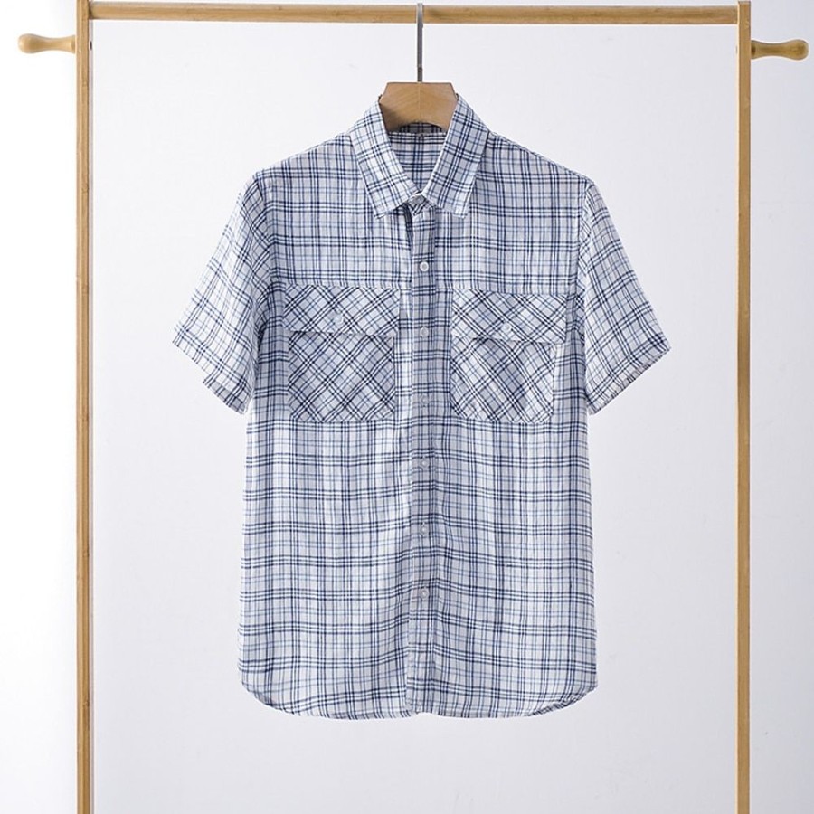 Boutique De Linge LITB | Homme Chemise Chemise Lin Chemise Decontractee Chemisette Chemise D Ete Manche Courte Tartan Revers Ete Casual Du Quotidien Vetement Tenue Poche Avant