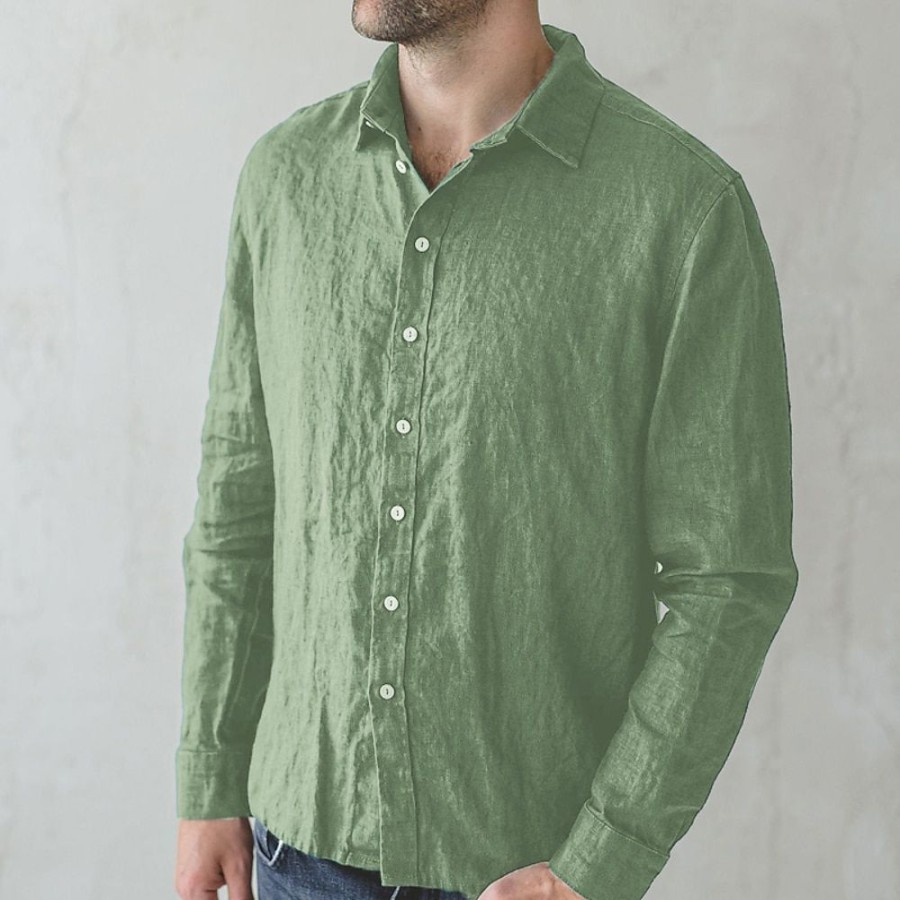 Chemises Pour Hommes LITB | Homme Chemise Chemise Lin Chemise Boutonnee Chemise De Plage Manche Longue Plein Revers Printemps & Automne Casual Du Quotidien Vetement Tenue Vert Fonce