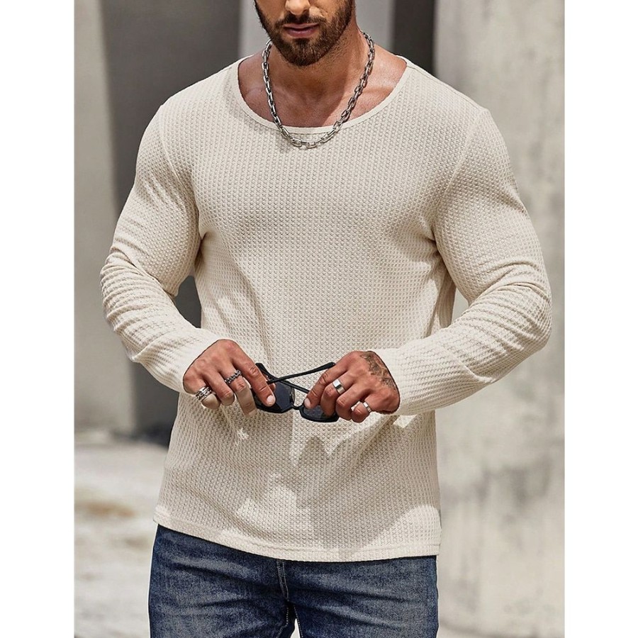 T-Shirts Et Debardeurs Pour Hommes LITB | Homme T Shirt Tee Chemise Gaufree T-Shirt En Tricot T-Shirt Chemise A Manches Longues Plein Col Ras Du Cou Plein Air Vacances Manche Longue Tricote Vetement Tenue Mode Design Basique