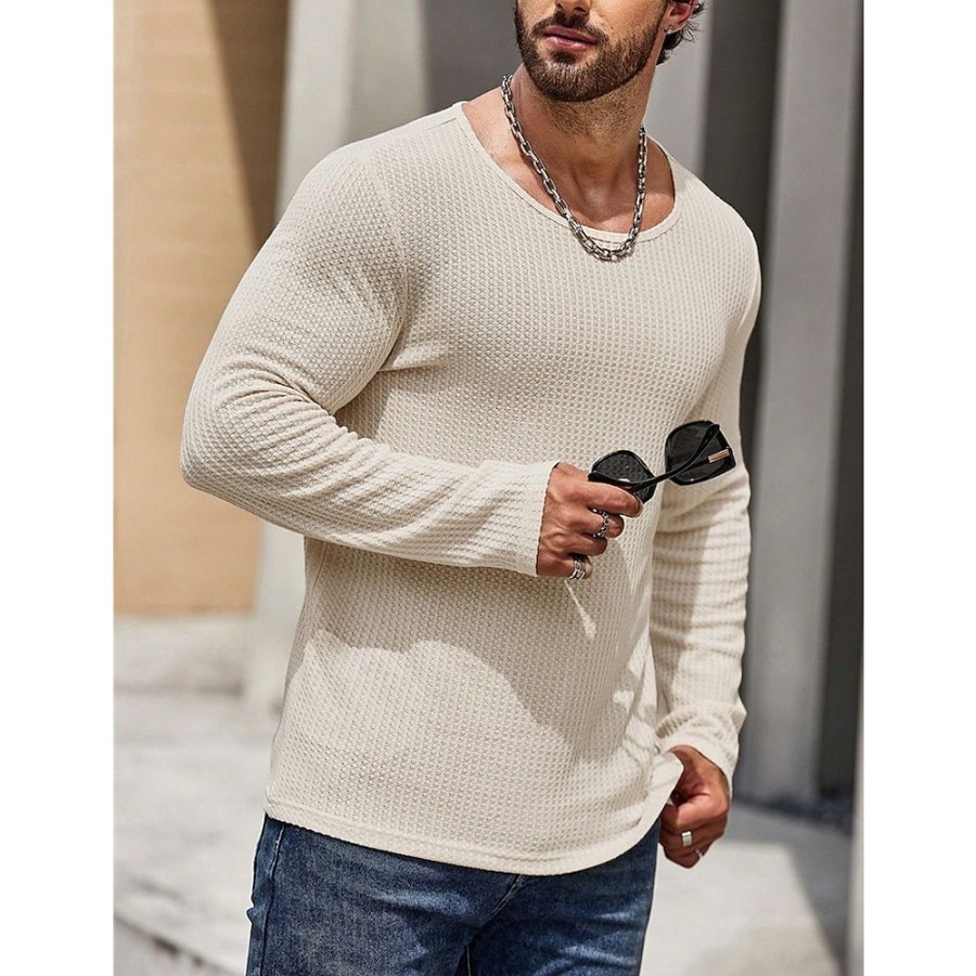 T-Shirts Et Debardeurs Pour Hommes LITB | Homme T Shirt Tee Chemise Gaufree T-Shirt En Tricot T-Shirt Chemise A Manches Longues Plein Col Ras Du Cou Plein Air Vacances Manche Longue Tricote Vetement Tenue Mode Design Basique