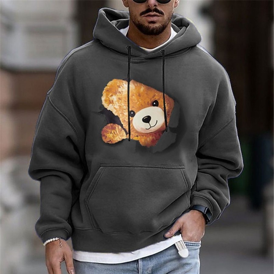 Sweats A Capuche Et Sweat-Shirts LITB | Teddy Bear Sweat A Capuche Pour Homme Graphique Pull-Over Blanc Marine Imprimes A Capuche Sports Quotidiens Streetwear Designer Basique Printemps& Coton Decontracte