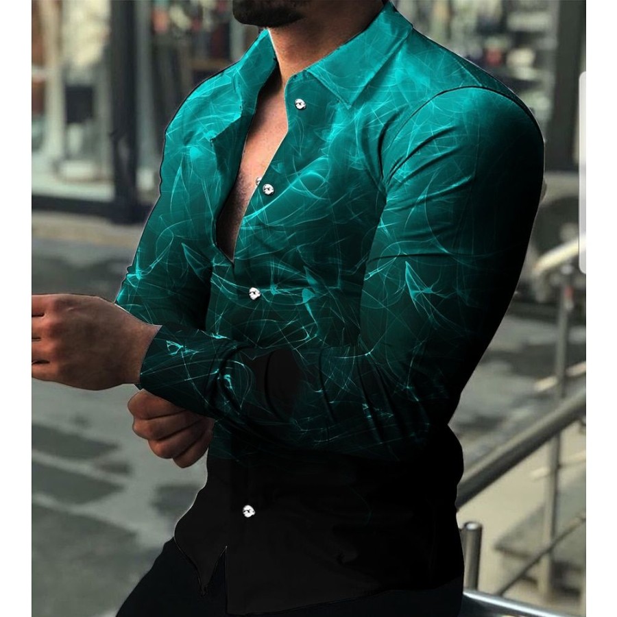 Chemises Pour Hommes LITB | Homme Chemise Chemise Graphique Geometrique Degrade Col Rabattu 3D Effet Du Quotidien Vacances Manche Longue Impression 3D Bouton Bas Vetement Tenue Mode Design