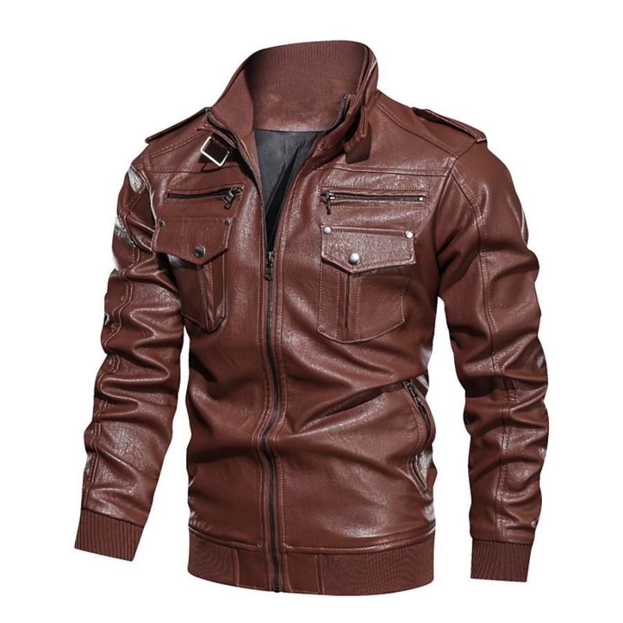 Vetements D'Exterieur Pour Hommes LITB | Homme Simili Cuir Veste Moto Blouson Moto Exterieur Usage Quotidien Chaud Poche Automne Hiver Plein Mode Vetement De Rue Revers Normal Veste