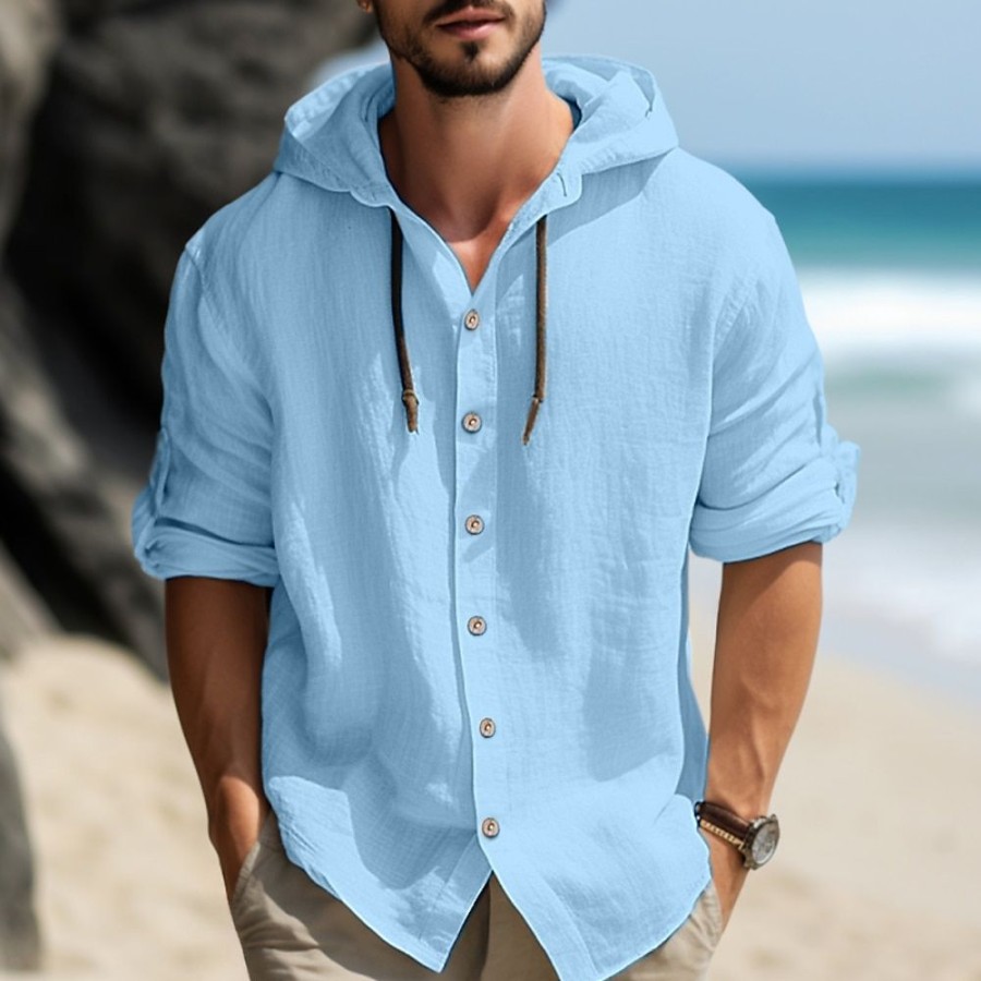 Chemises Pour Hommes LITB | Homme Chemise Chemise Lin Chemise A Capuche Manche Longue Plein Capuche Printemps Ete Casual Du Quotidien Vetement Tenue Bouton