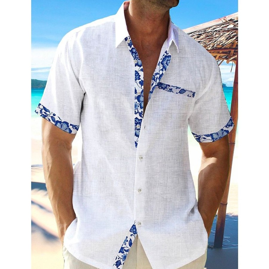 Chemises Pour Hommes LITB | Homme Chemise Lin Chemise Decontractee Chemisette Chemise D Ete Chemise De Plage Manche Courte Plein Revers Printemps Ete Hawaien Vacances Vetement Tenue Poche Avant