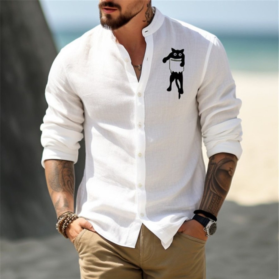 Chemises Pour Hommes LITB | Animal Chat Decontractees Homme Chemise Chemise Lin Chemise Boutonnee Exterieur Usage Quotidien Vacances Printemps & Automne Col Mao Manche Longue S, M, L Melange De Lin & Coton Chemise Blanche