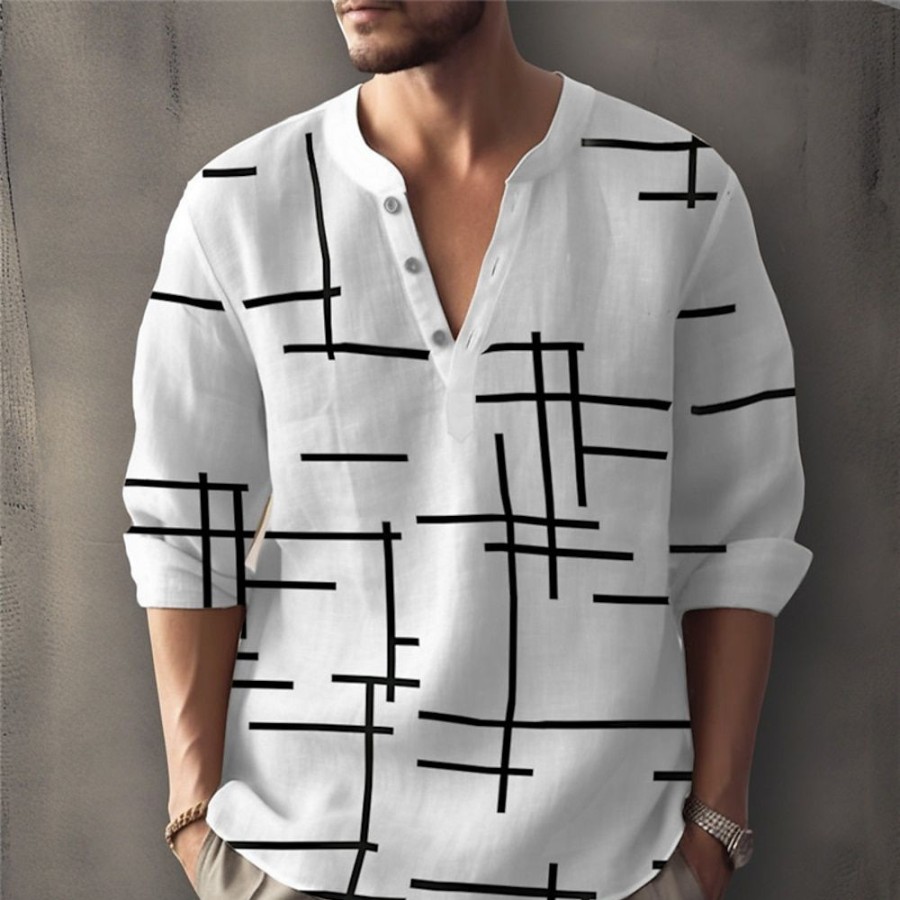 Boutique De Linge LITB | Chemise Pour Homme Chemise En Lin Imprimes Graphiques Geometrie Col Montant Blanc Rose Exterieur Rue Manches Longues Imprime Vetements Vetements Lin Mode Streetwear Designer