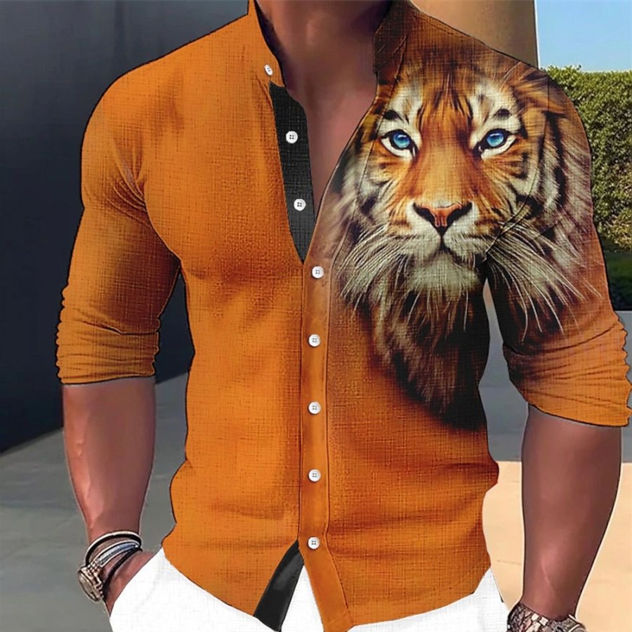 Chemises Pour Hommes LITB | Chemise Homme Chemise En Lin Animal Tigre Graphique Col Montant Exterieur Rue Manches Longues Imprime Vetements Vetements Chemise En Lin Mode Streetwear Designer