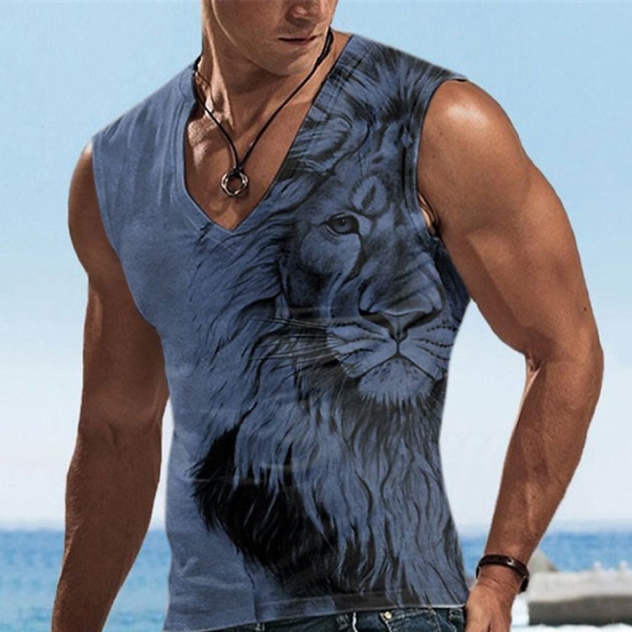 T-Shirts Et Debardeurs Pour Hommes LITB | Homme Top T-Shirt Sans Manches Pour Hommes Graphic Animal Lion Col V Vetement Tenue 3D Effet Des Sports Course Sans Manches Impression 3D Design Decontractees Muscle