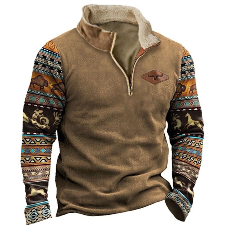 Sweats A Capuche Et Sweat-Shirts LITB | Sweat Col Montant Western Western Cowboy Zip Colorblock Pour Homme