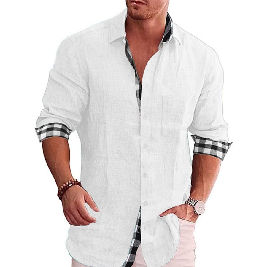 Boutique De Linge LITB | Homme Chemise Chemise Lin Chemise Boutonnee Chemisette Chemise D Ete Chemise De Plage Manche Longue Bloc De Couleur Revers Printemps & Automne Casual Du Quotidien Vetement