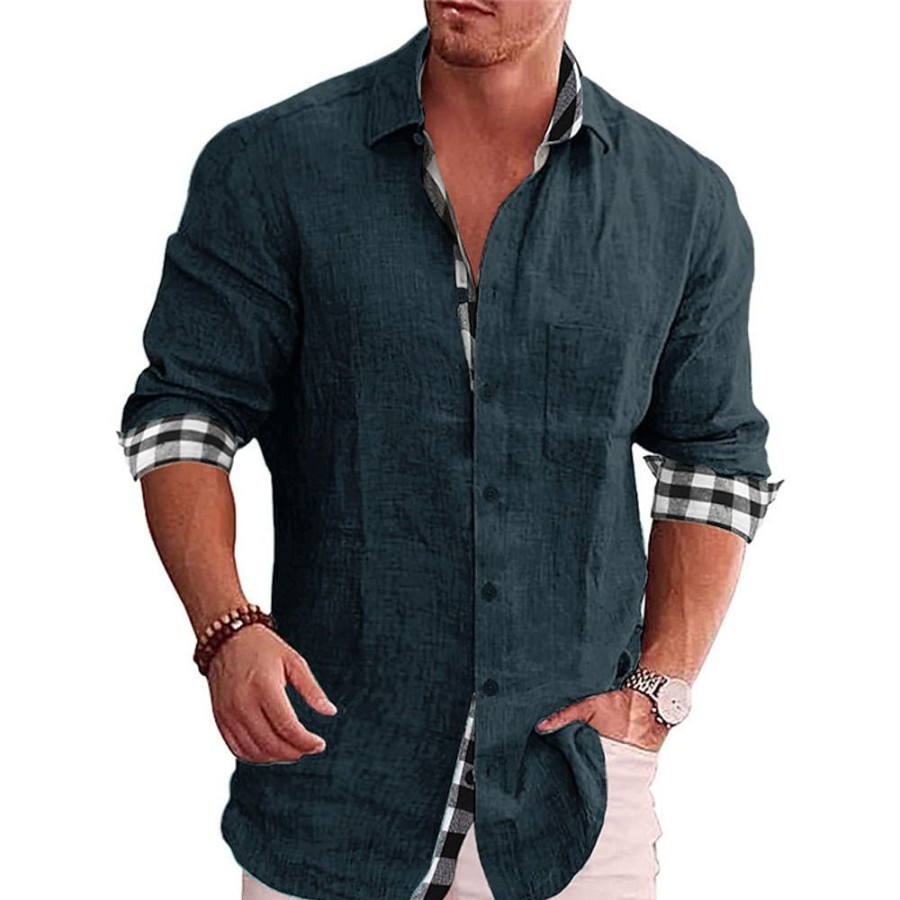 Boutique De Linge LITB | Homme Chemise Chemise Lin Chemise Boutonnee Chemisette Chemise D Ete Chemise De Plage Manche Longue Bloc De Couleur Revers Printemps & Automne Casual Du Quotidien Vetement