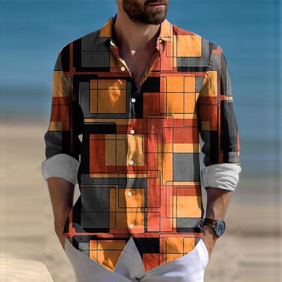 Chemises Pour Hommes LITB | Plaid Bloc De Couleur Retro Vintage Homme Chemise Exterieur Plein Air Casual Quotidien Automne Hiver Col Rabattu Manche Longue S M L Chemise