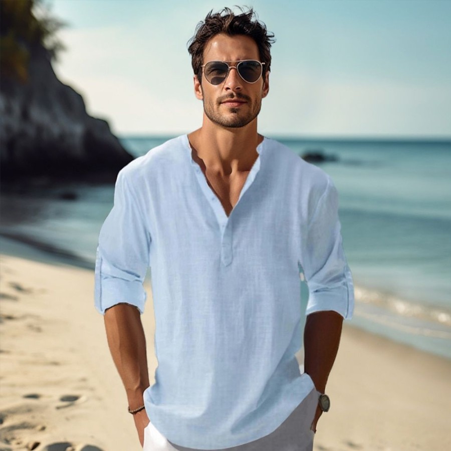 Chemises Pour Hommes LITB | Homme Chemise Lin Chemise Decontractee Chemise De Plage Chemise Henley Shirt Manche Longue Plein Henley Printemps Ete Hawaien Vacances Vetement Tenue