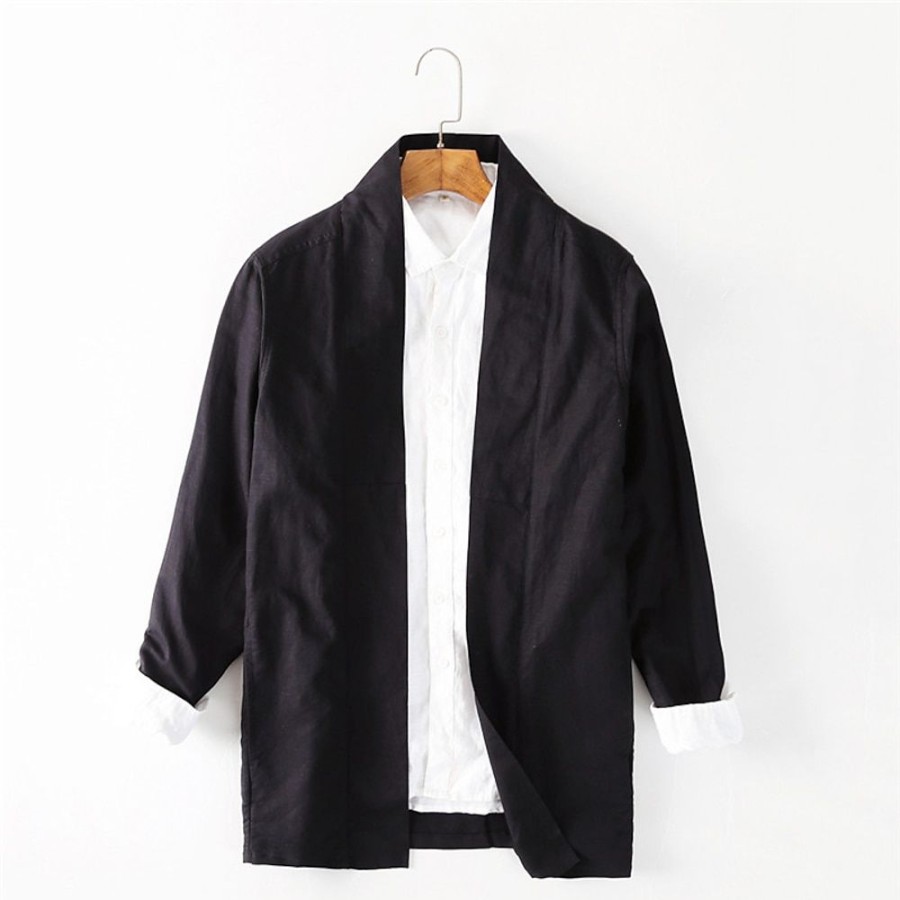 Boutique De Linge LITB | 100% Lin Homme Blazer En Lin Blazer Entreprise Robe Ceremonie Fete De Mariage Mode Decontractees Printemps & Automne Plein Decontracte / Quotidien Boutonnage Simple Veste Noir