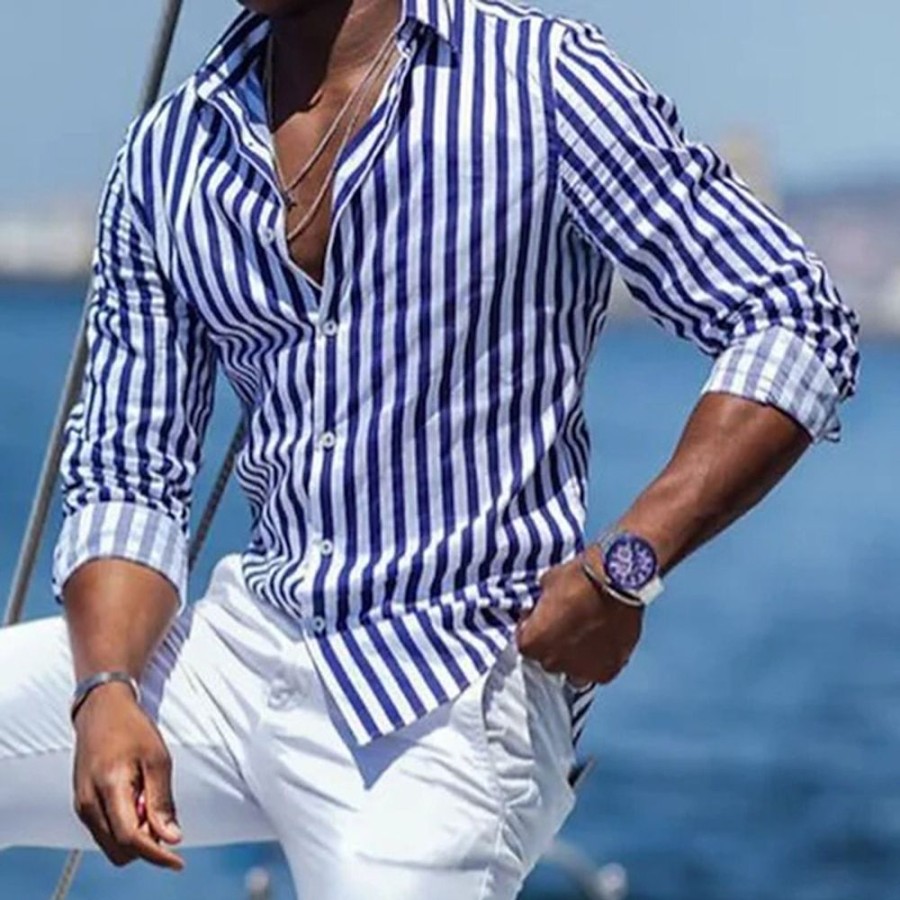 Boutique De Linge LITB | Homme Chemise Chemise Lin Chemisette Chemise D Ete Chemise De Plage Manche Longue Raye Revers Printemps Ete Hawaien Vacances Vetement Tenue Imprimer