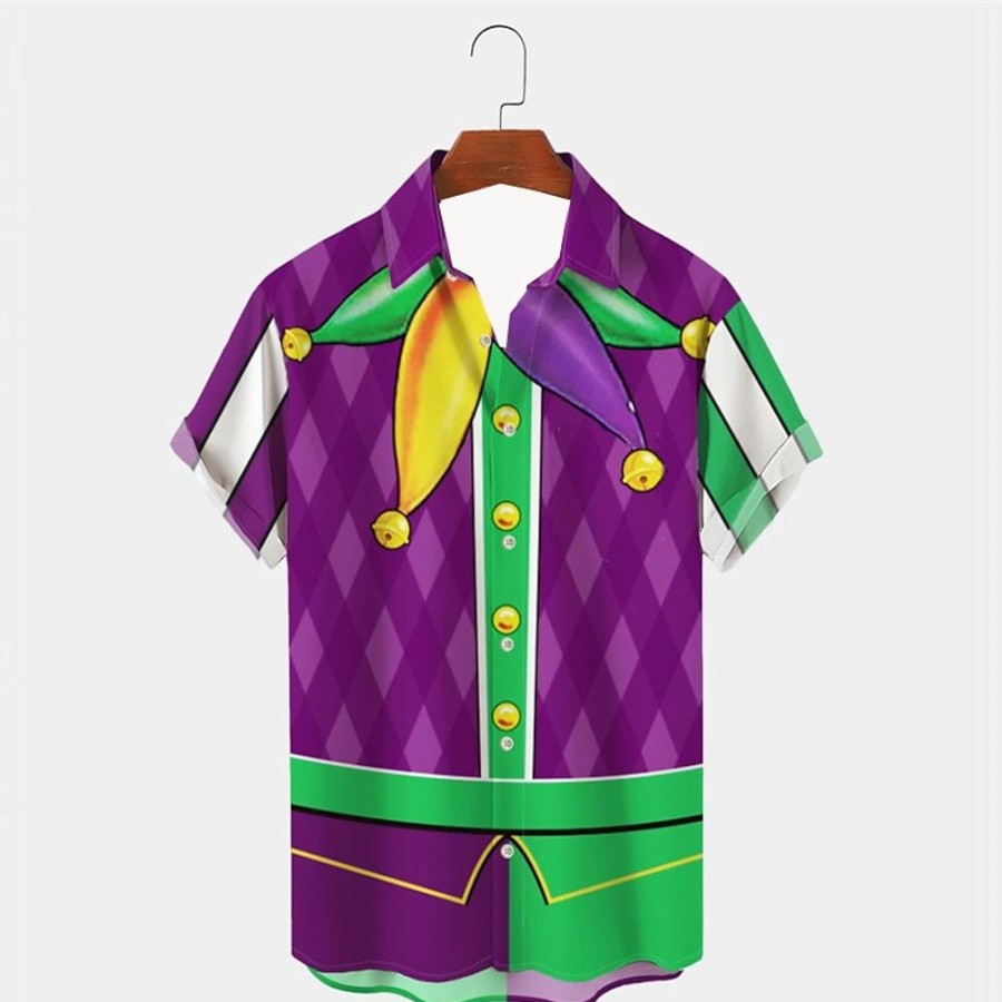 Chemises Pour Hommes LITB | Carnaval Joker Artistique Chemise Pour Hommes Vetements Quotidiens Sortir Week-End Automne / Automne Couverture Manches Courtes S, M, L Chemise En Tissu Extensible Dans 4 Directions Violet