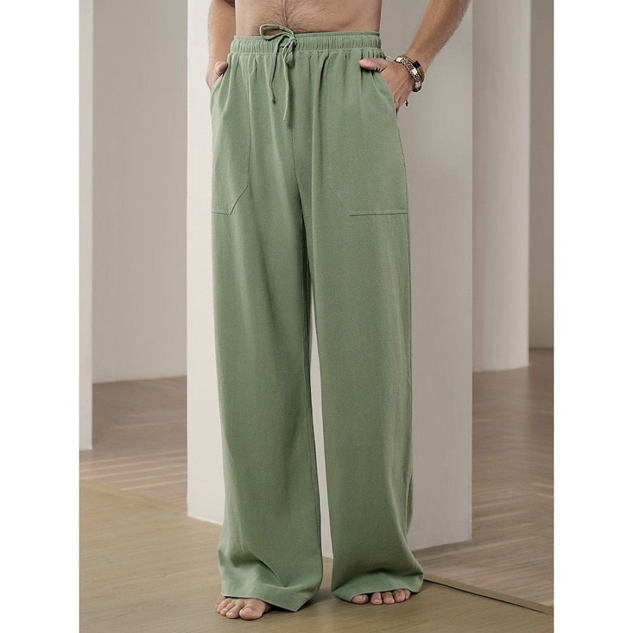 Boutique De Linge LITB | 40% Lin Homme Pantalon En Lin Pantalon Bouffant Pantalon De Plage Conception De Cordon Elastique Poche Avant Couleur Unie Confort Doux Yoga Du Quotidien Mode Vetement De Rue