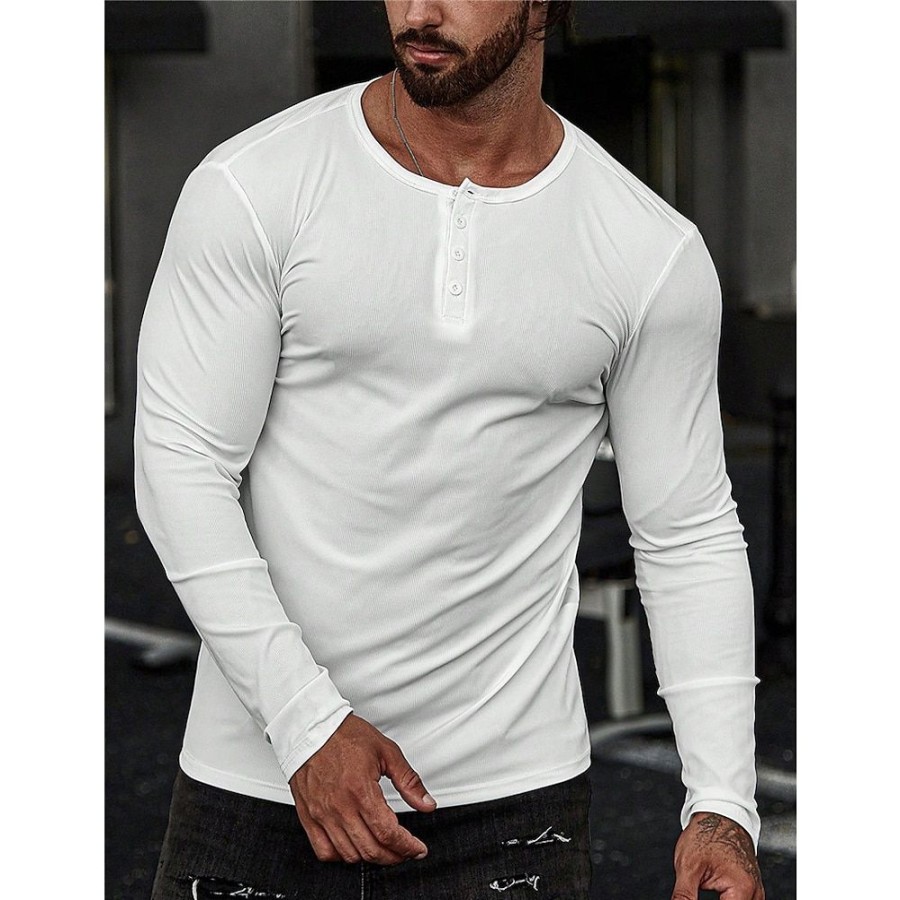 T-Shirts Et Debardeurs Pour Hommes LITB | Homme T Shirt Tee Chemise Henley Shirt T-Shirt Chemise A Manches Longues Plein Henley Plein Air Vacances Manche Longue Vetement Tenue Mode Design Basique Blanche