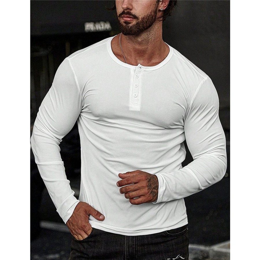 T-Shirts Et Debardeurs Pour Hommes LITB | Homme T Shirt Tee Chemise Henley Shirt T-Shirt Chemise A Manches Longues Plein Henley Plein Air Vacances Manche Longue Vetement Tenue Mode Design Basique Blanche