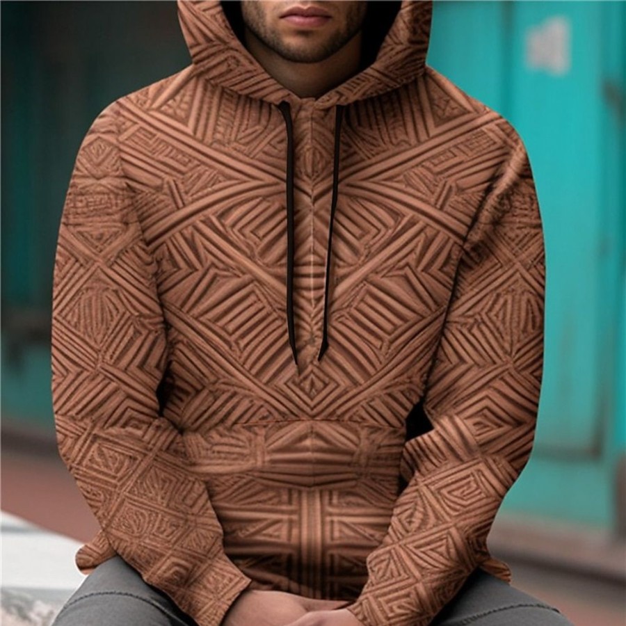 Sweats A Capuche Et Sweat-Shirts LITB | Graphic Geometrique Homme Du Quotidien 3D Effet Sweat A Capuche Sport Exterieur Vacances Vetement De Rue Sweats A Capuche Manche Longue Capuche Imprimer Poche Avant Printemps & Automne Designer Marron