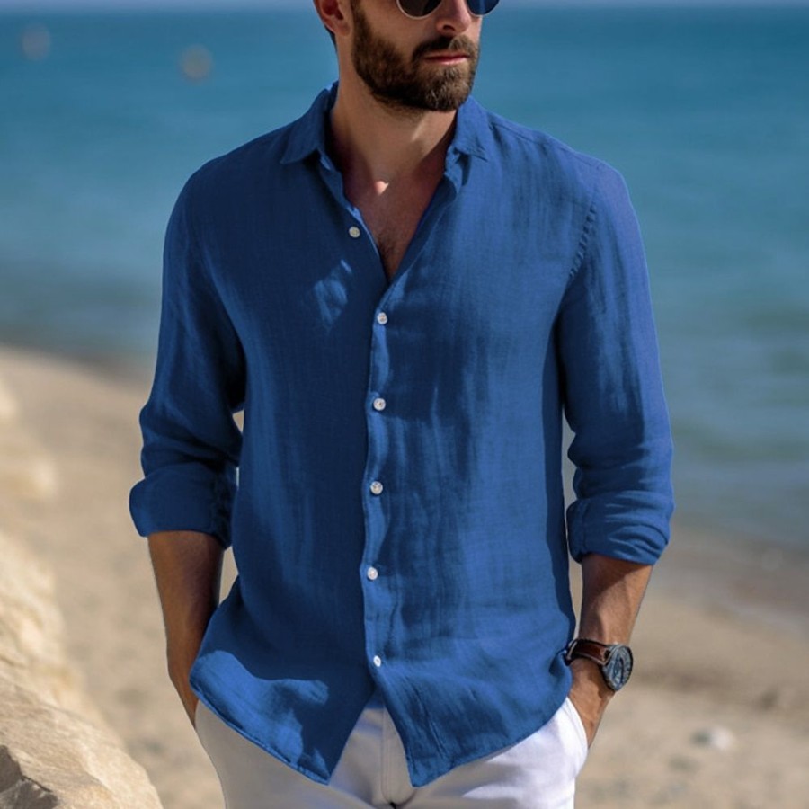 Boutique De Linge LITB | Homme Chemise Chemise Lin Chemise Boutonnee Chemise Decontractee Chemise De Plage Manche Longue Plein Revers Printemps Ete Casual Du Quotidien Vetement Tenue