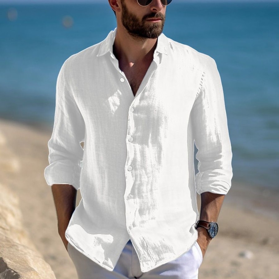 Boutique De Linge LITB | Homme Chemise Chemise Lin Chemise Boutonnee Chemise Decontractee Chemise De Plage Manche Longue Plein Revers Printemps Ete Casual Du Quotidien Vetement Tenue