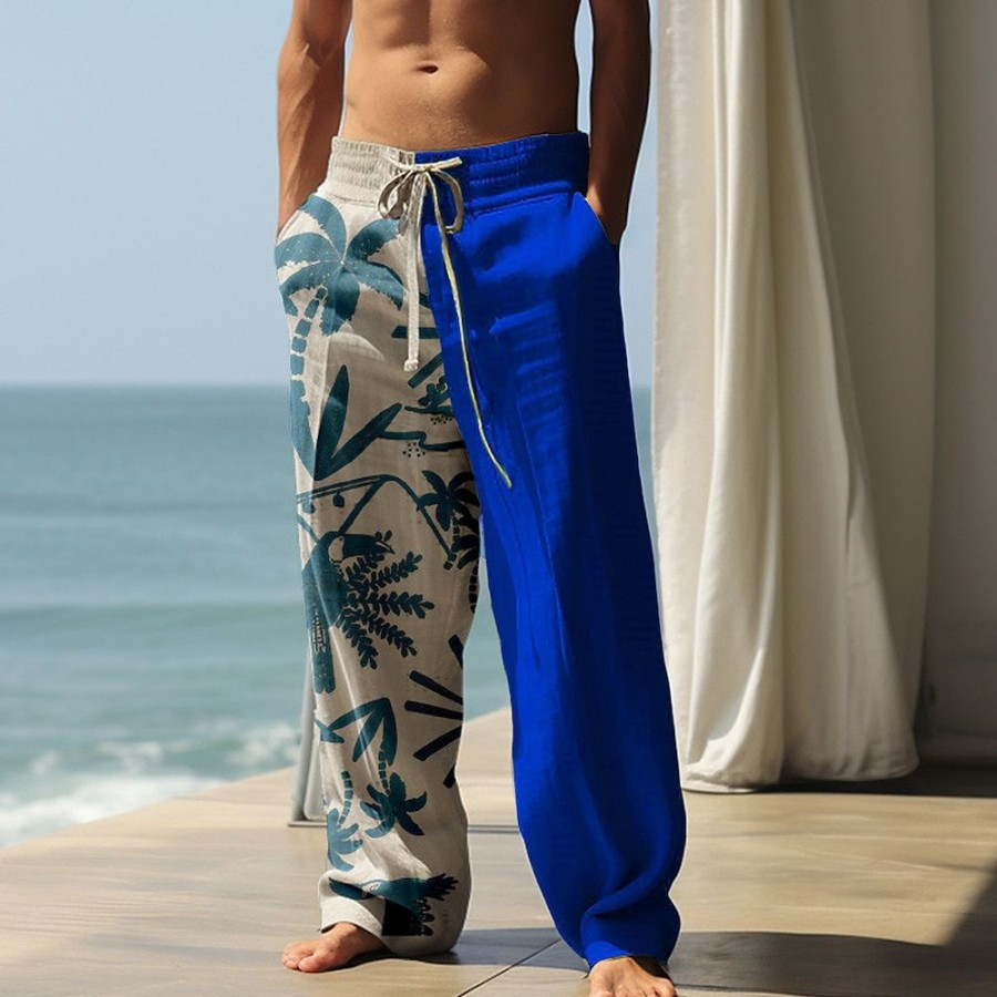 Bas Pour Hommes LITB | Homme Pantalon En Lin Pantalon Pantalon Ete Pantalon De Plage Cordon Taille Elastique Impression 3D Cocotier Imprimes Photos Confort Casual Du Quotidien Vacances 20% Lin Vetement De Rue Hawaien