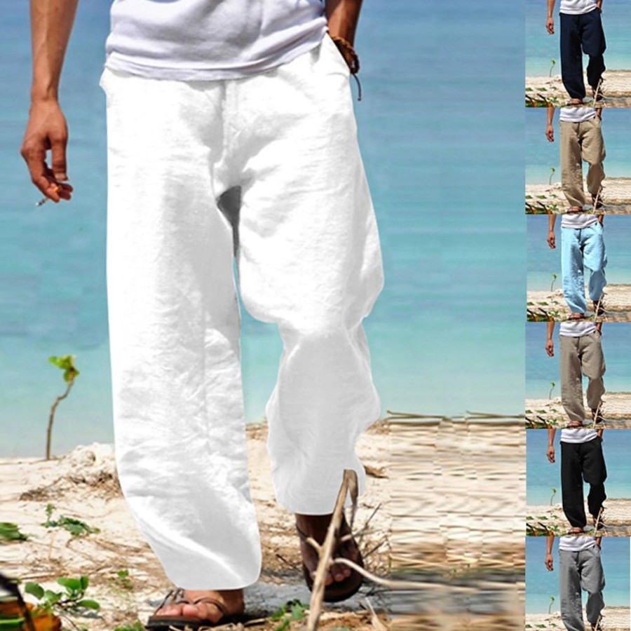 Bas Pour Hommes LITB | Homme Pantalon En Lin Pantalon Pantalon Ete Pantalon De Plage Taille Elastique Pantalon De Yoga Fluide Jambe Droite Plein Respirable Doux Casual Du Quotidien Plage Melange De Lin & Coton Mode