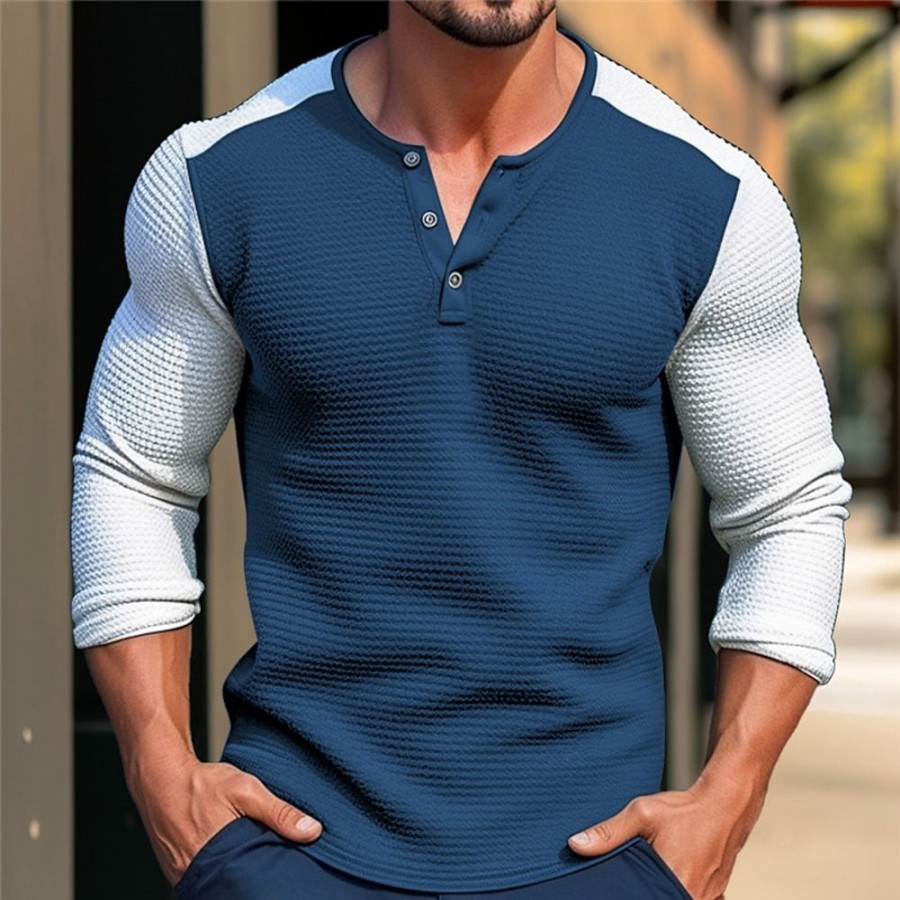 T-Shirts Et Debardeurs Pour Hommes LITB | Homme T Shirt Tee Chemise Henley Gaufree Chemise Henley Shirt T-Shirt Chemise A Manches Longues Bloc De Couleur Henley Plein Air Vacances Manche Longue Patchwork Vetement Tenue Mode Design Basique