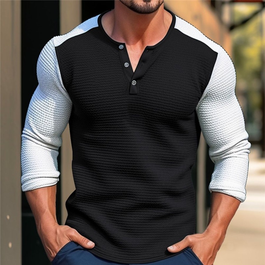 T-Shirts Et Debardeurs Pour Hommes LITB | Homme T Shirt Tee Chemise Henley Gaufree Chemise Henley Shirt T-Shirt Chemise A Manches Longues Bloc De Couleur Henley Plein Air Vacances Manche Longue Patchwork Vetement Tenue Mode Design Basique