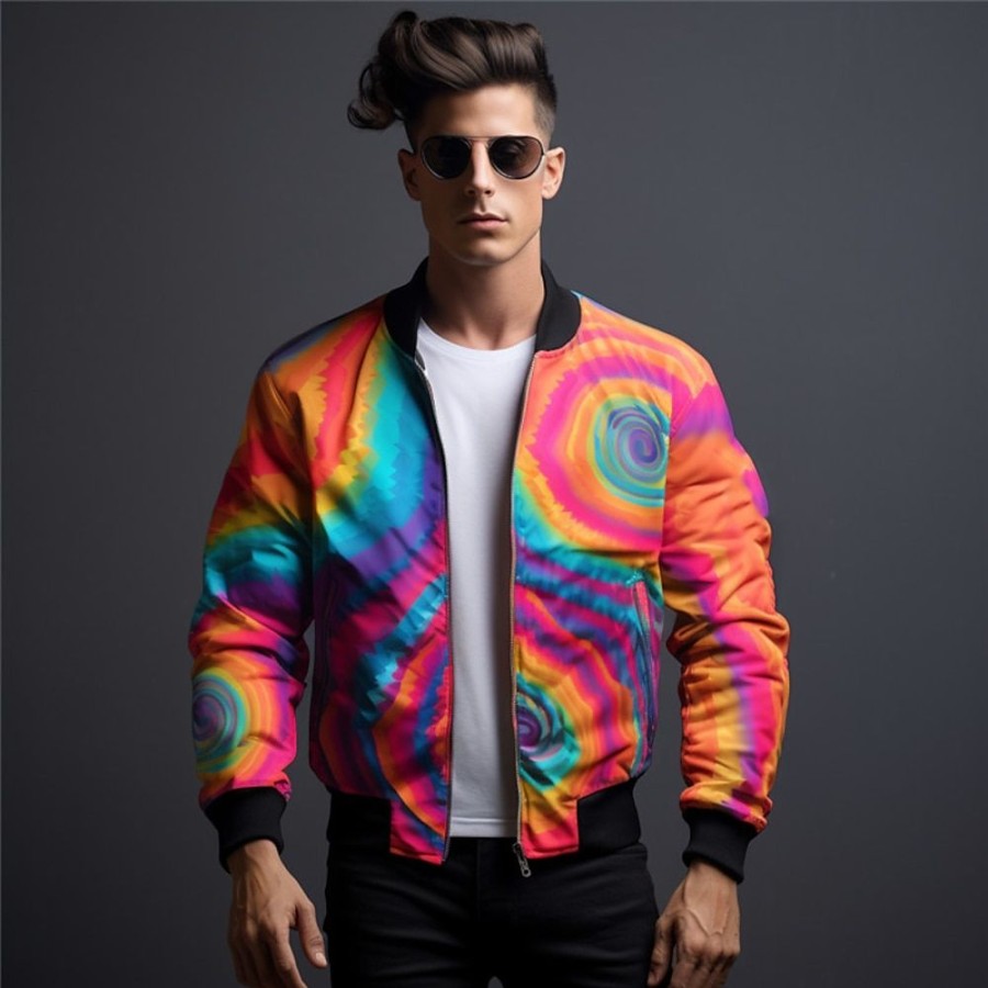 Vetements D'Exterieur Pour Hommes LITB | A Imprime Arc-En-Ciel Tie Dye Graduel Artistique Abstrait Homme Bomber Manteau Sport & Loisir Usage Quotidien Sortie Automne Hiver Col Mao Manche Longue S M L Polyester Jean