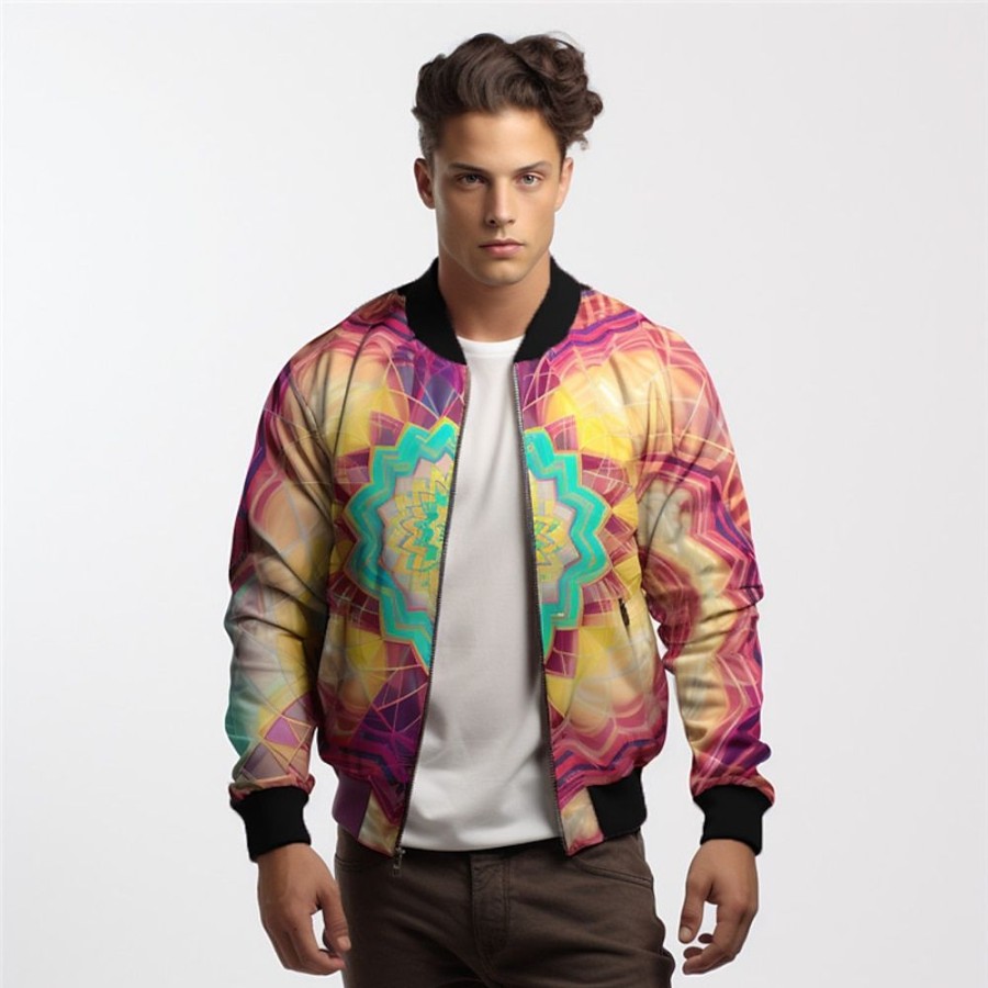 Vetements D'Exterieur Pour Hommes LITB | A Imprime Arc-En-Ciel Tie Dye Graduel Artistique Abstrait Homme Bomber Manteau Sport & Loisir Usage Quotidien Sortie Automne Hiver Col Mao Manche Longue S M L Polyester Jean