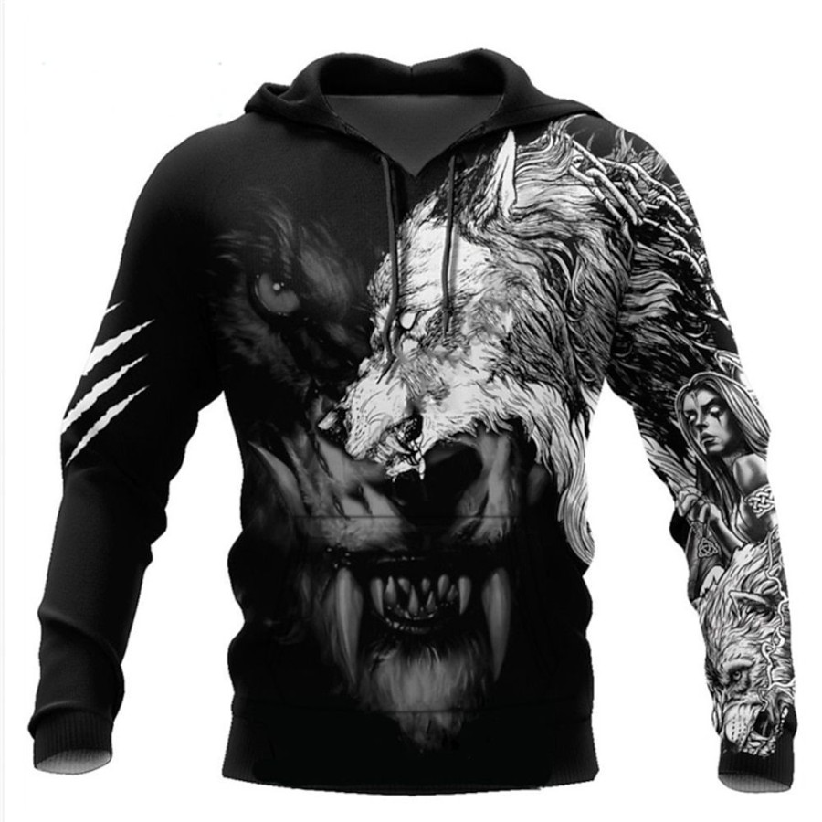 Sweats A Capuche Et Sweat-Shirts LITB | Homme Sweat A Capuche Et Blanc Capuche Loup Imprimes Photos Viking Poche Avant Casual Du Quotidien Des Sports 3D Effet Design Vetement De Sport Ethnique Automne Printemps