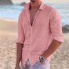 Chemises Pour Hommes LITB | Chemise En Lin Pour Hommes Couleur Unie Rabat Rue Decontracte Boutonne A Manches Longues Hauts Mode Decontractee Respirant Confortable Rose