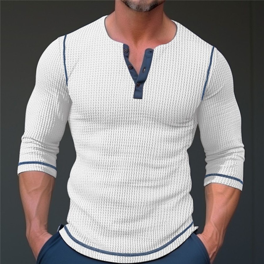 T-Shirts Et Debardeurs Pour Hommes LITB | Homme T Shirt Tee Chemise Henley Gaufree Chemise Henley Shirt T-Shirt Chemise A Manches Longues Manches Raglan Henley Plein Air Vacances Manche Longue Patchwork Vetement Tenue Mode Design Basique