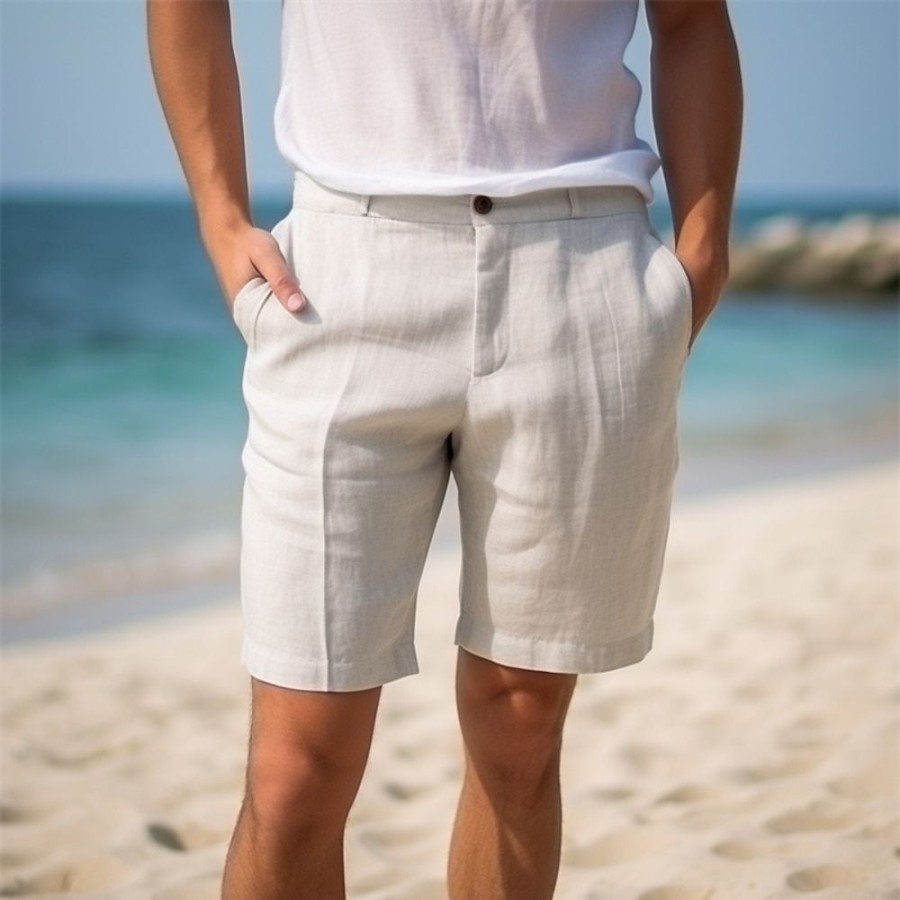 Bas Pour Hommes LITB | Homme Short Short En Lin Short D Ete Bouton Poche Jambe Droite Plein Confort Respirable Court Casual Du Quotidien Vacances Melange De Lin & Coton Mode Design