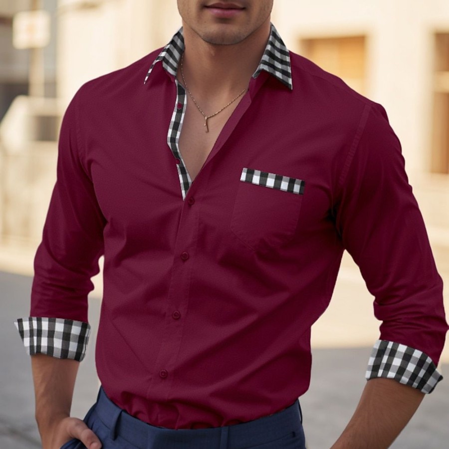 Chemises Pour Hommes LITB | Homme Chemise Chemise Boutonnee Chemise Decontractee Manche Longue Plaid Bloc De Couleur Revers Du Quotidien Vacances Poche Avant Vetement Tenue Decontractees Confortable Casual