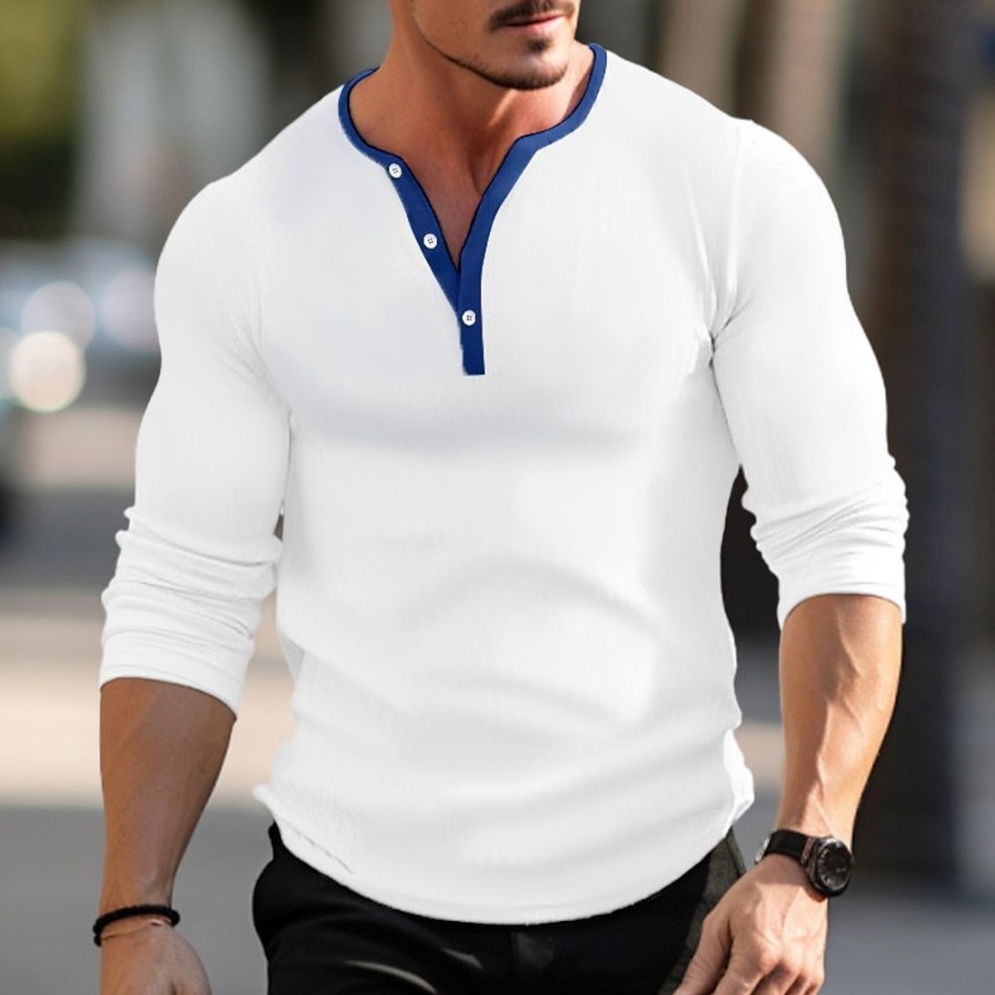 T-Shirts Et Debardeurs Pour Hommes LITB | Homme T Shirt Tee Chemise Henley Shirt T-Shirt Chemise A Manches Longues Plein Bande De Fosse Henley Plein Air Vacances Manche Longue Vetement Tenue Mode Design Basique