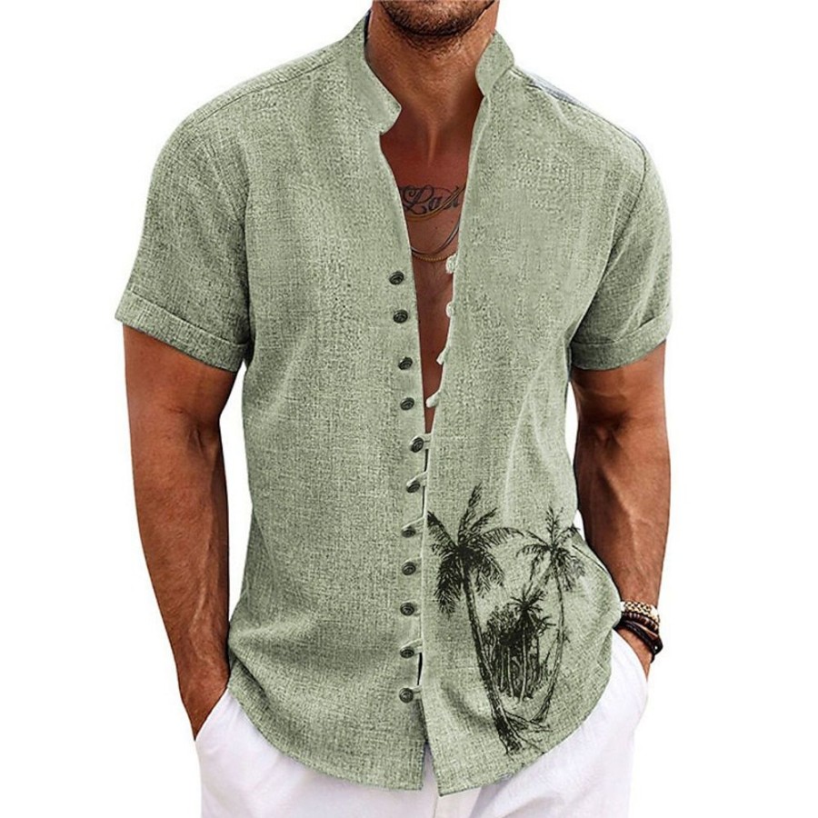 Boutique De Linge LITB | Chemise Homme Chemise En Lin Cocotier Graphique Col Montant Clair Exterieur Rue Manches Courtes Imprime Vetements Vetements Chemise En Lin Mode Streetwear Designer Decontracte