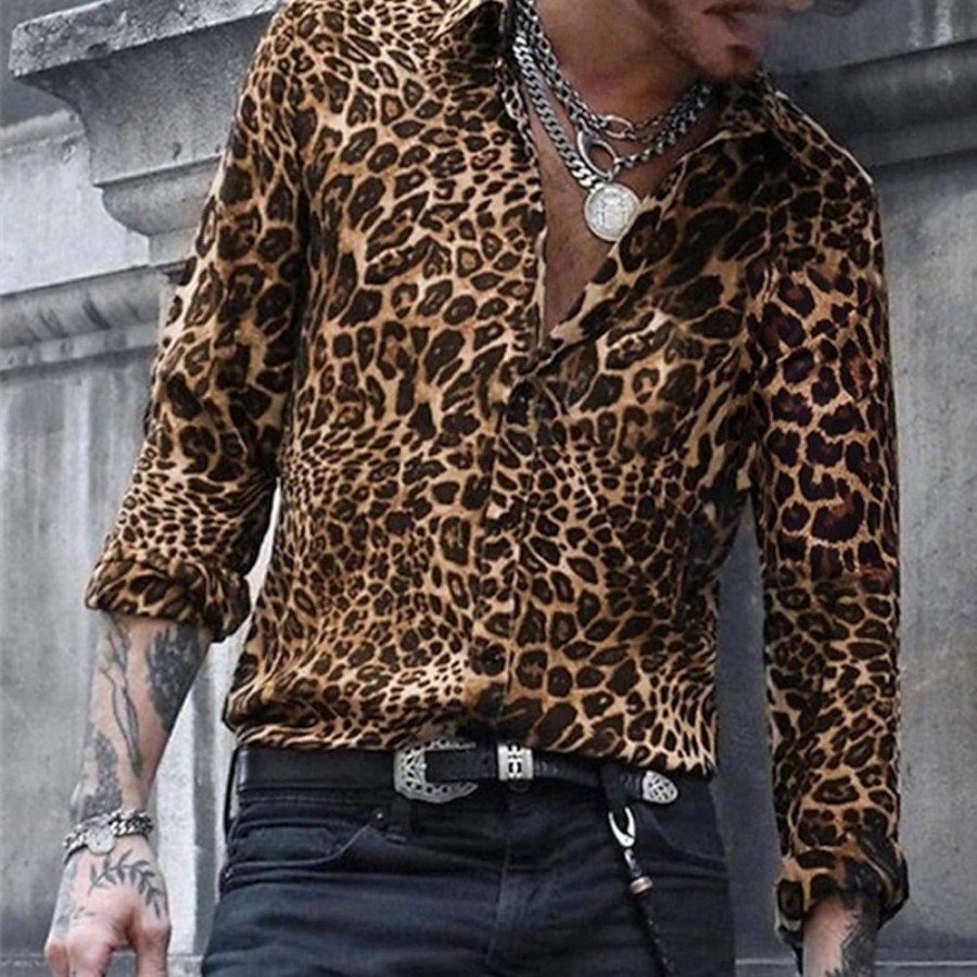 Chemises Pour Hommes LITB | Homme Chemise Graphic Leopard Col Rabattu Print Plein Air Casual Manche Longue Bouton Bas Vetement Tenue Design Respirable Confortable