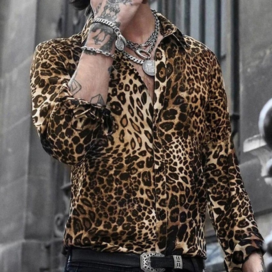 Chemises Pour Hommes LITB | Homme Chemise Graphic Leopard Col Rabattu Print Plein Air Casual Manche Longue Bouton Bas Vetement Tenue Design Respirable Confortable