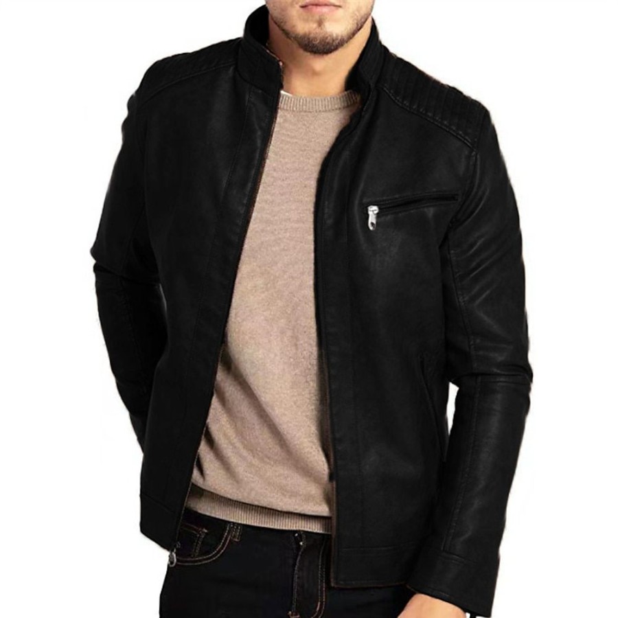 Vetements D'Exterieur Pour Hommes LITB | Homme Simili Cuir Veste Moto Blouson Moto Exterieur Usage Quotidien Chaud Poche Automne Hiver Plein Mode Vetement De Rue Revers Normal Veste