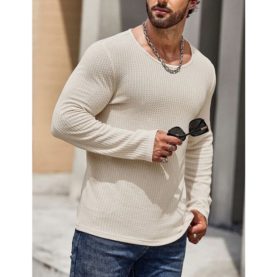 T-Shirts Et Debardeurs Pour Hommes LITB | Homme T Shirt Tee Chemise Gaufree T-Shirt En Tricot T-Shirt Chemise A Manches Longues Plein Col Ras Du Cou Plein Air Vacances Manche Longue Tricote Vetement Tenue Mode Design Basique