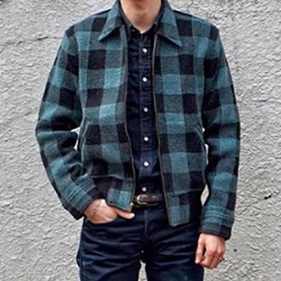 Vetements D'Exterieur Pour Hommes LITB | Homme Exterieur Usage Quotidien Chaud Zippe Poche Automne Hiver Tartan Mode Vetement De Rue Revers Normal Veste Bleu De Minuit