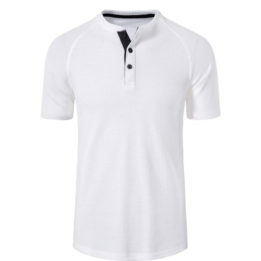 T-Shirts Et Debardeurs Pour Hommes LITB | Homme Chemise Gaufree Chemise Henley Shirt T-Shirt Plein Henley Plein Air Vacances Manches Courtes Vetement Tenue Mode Design Basique Blanche