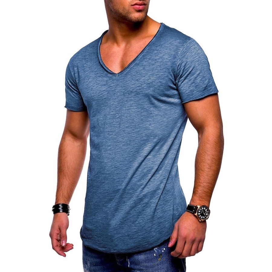 T-Shirts Et Debardeurs Pour Hommes LITB | Commerce Exterieur Ete Nouveau T-Shirt A Manches Courtes Pour Hommes Col En V Decontracte Hommes Couleur Unie T-Shirt Hommes