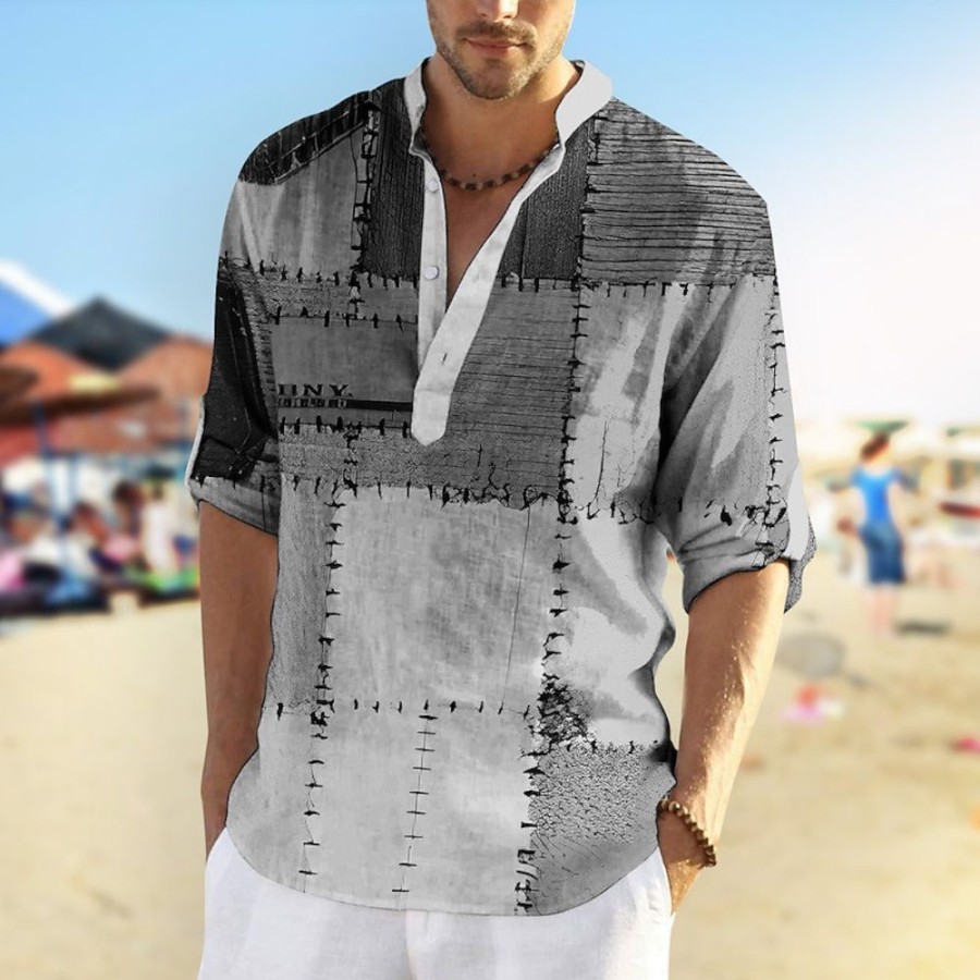 Boutique De Linge LITB | Homme Chemise Chemise Lin Bloc De Couleur Imprimes Photos Geometrie Mao Exterieur Plein Air Manche Longue Imprimer Vetement Tenue Lin Mode Vetement De Rue Design Decontractees